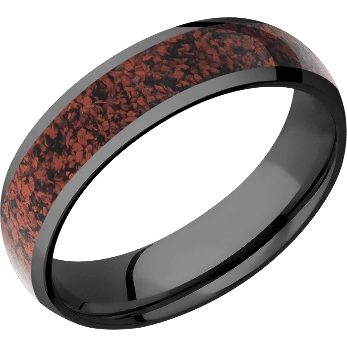 Ladies snug fit rings -6mm wide Domed Black Titanium Ring with Polish Finish / One 4mm Centered Red Dinosaur Bone Inlay