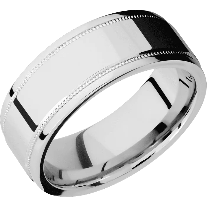 Ladies 10K gold gleam rings -8mm wide Flat Stepped Edges Milgrain Platinum Ring with Polish Finish