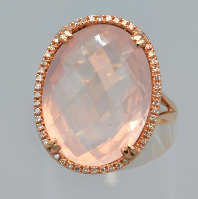 Ladies snowy white rings -14K rose gold ring with transparent rose quartz framed with diamonds