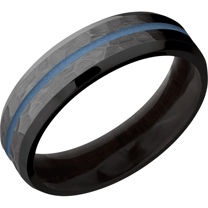 Ladies festive flair rings -6mm wide Beveled Black Titanium Ring with Hammer Finish / One 1mm Centered Polar Blue Cerakote Inlay / Madagascar Rose Wood Sleeve