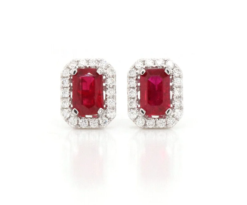 Ladies antique treasure earrings -New 1.17ctw Emerald Cut Ruby and 0.20ctw Diamond Frame Stud Earrings in 14K