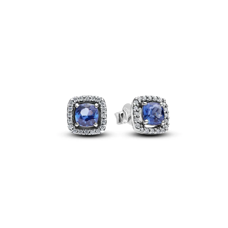 Ladies radiant glitter earrings -Sparkling Square Blue Halo Stud Earrings 293551C01