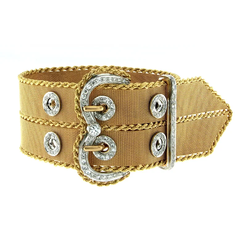 ladies sterling silver bracelets with stones -Filippini Diamond Mesh Two Color Gold Buckle Bracelet