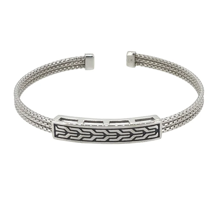 ladies beaded bracelets with patterns -Rhodium Finished Sterling Silver Multi Cable Cuff Bracelet with Rhodium and Black Polished Celtic Central Plate