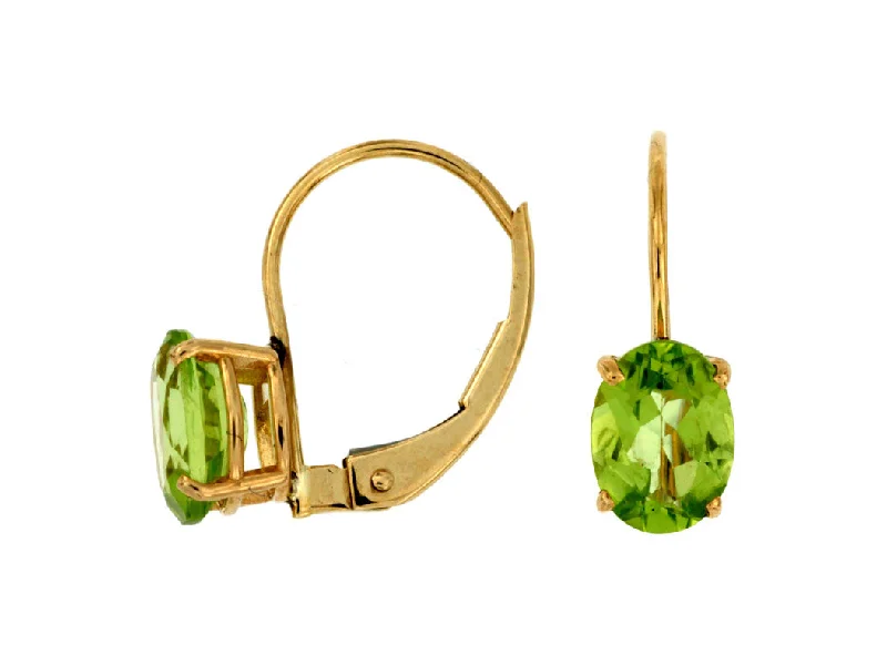 Ladies high sheen earrings -14k yellow gold dangle earrings with two 7x5mm oval peridots 3686x