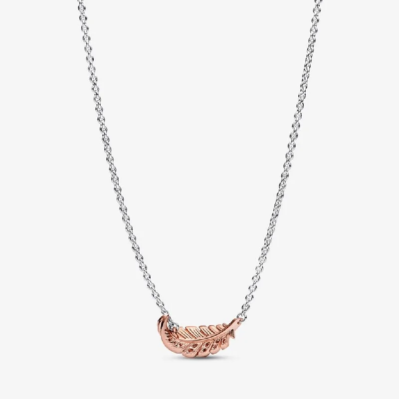 Ladies Necklaces Petite Spark-PANDORA : Two-Tone Floating Curved Feather Collier Necklace