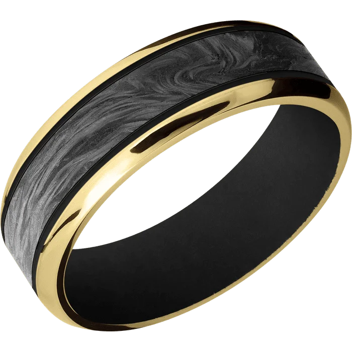 Ladies travel quest rings -7mm wide Beveled 18k Yellow Gold Ring with Polish Finish / One 4mm Centered Forged Carbon Fiber Inlay and Black Cerakote Accents / Black Cerakote Sleeve