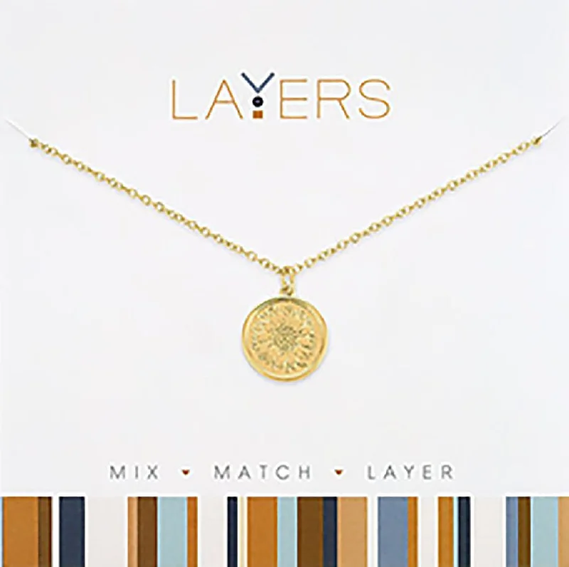 Ladies Necklaces for Date Glow-Center Court: Gold Stamped Sunflower Coin Necklace