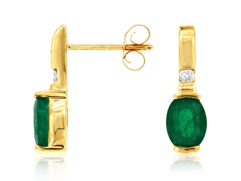 Ladies triangular glow earrings -Yellow Gold Oval Emerald Diamond Earrings