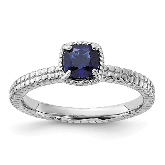 Ladies anniversary sparkle rings -Sterling Silver Stackable Expressions Created Blue Sapphire Cushion Ring