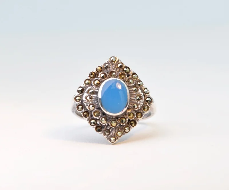 Ladies 10K gold gleam rings -Sterling Silver/Marcasite Ring with Blue Onyx Cabochon