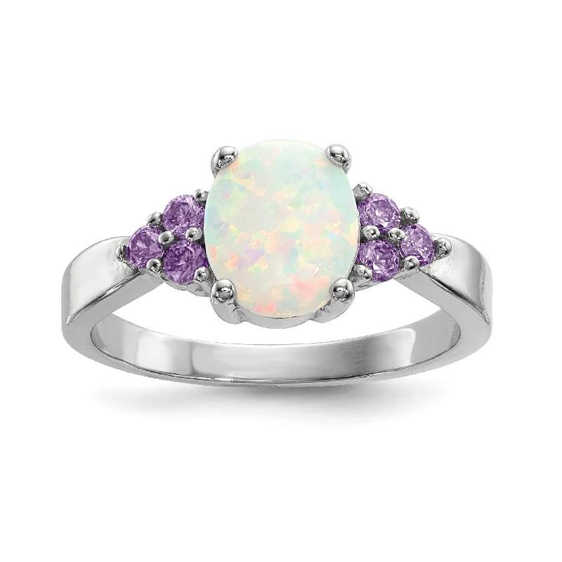 Ladies holy cross rings -Sterling Silver Oval Created Opal & Purple CZ Ring