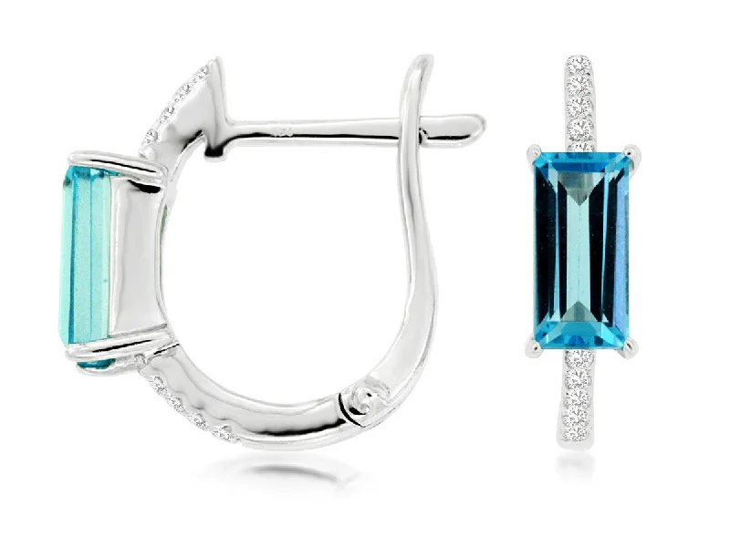 Ladies gothic shadow earrings -14K White Gold Emerald Cut Blue Topaz Diamond Hoop Earrings