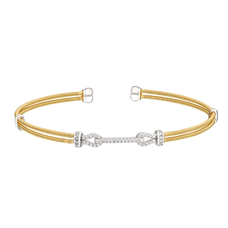 luxury gold bracelets for ladies special events -Gold Finish Sterling Silver Two Cable Cuff Bracelet with Rhodium Finish Simulated Diamond Buckle Design