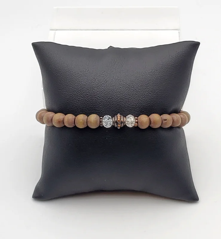 ladies silver bracelets onyx stones -Wood Beaded Stretch Bracelet