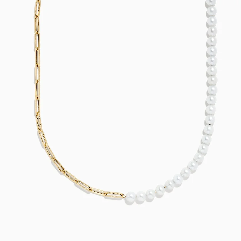 Ladies Necklaces with Bronze Enstatite-14K Yellow Gold Paperclip Cultured Fresh Water Pearl Necklace