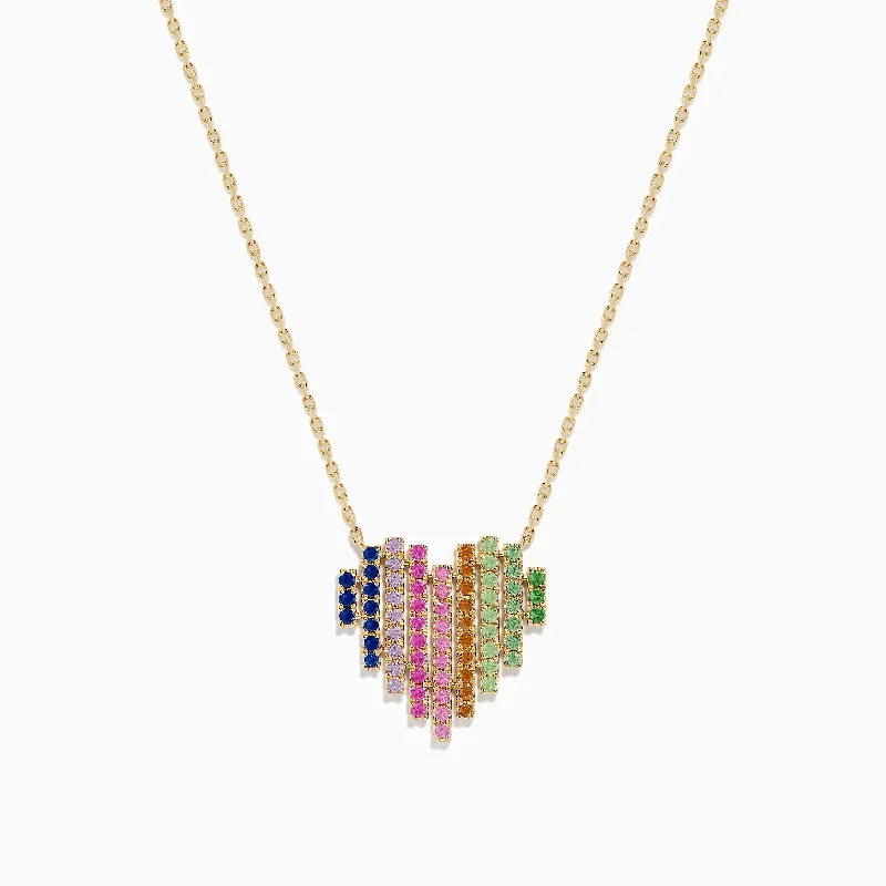 Ladies Necklaces with Teardrop Glow-Watercolors 14K Yellow Gold Multi Sapphire Heart Necklace