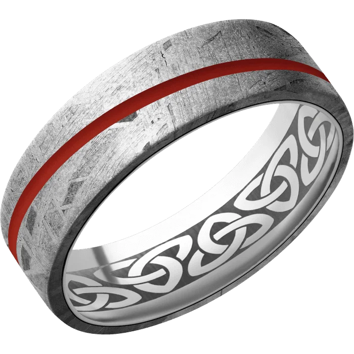 Ladies golden yellow rings -7mm wide Flat Meteorite Ring / One 1mm Angled Red Apple Cerakote Inlay / Titanium Sleeve / None Interior Pattern