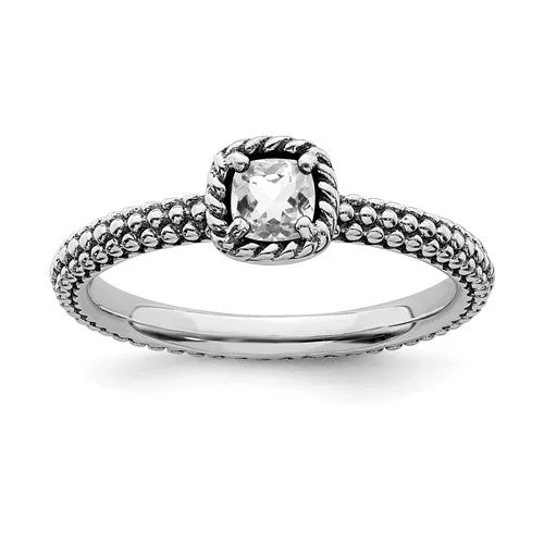 Ladies curated designer rings -Sterling Silver Stackable Expressions Cushion April White Topaz Ring