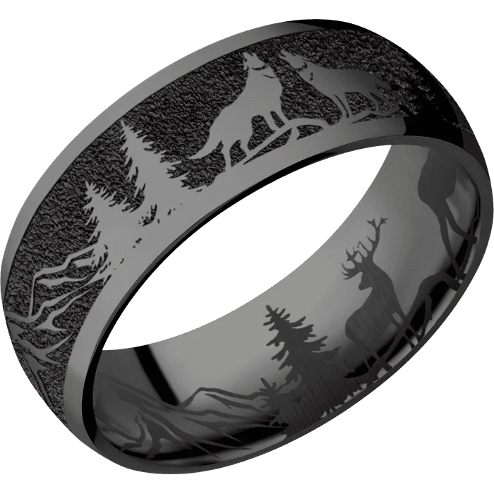 Ladies dog paw rings -8mm wide Domed Black Titanium Ring with Polish Finish / Wolf Mountain Design / None Interior Pattern