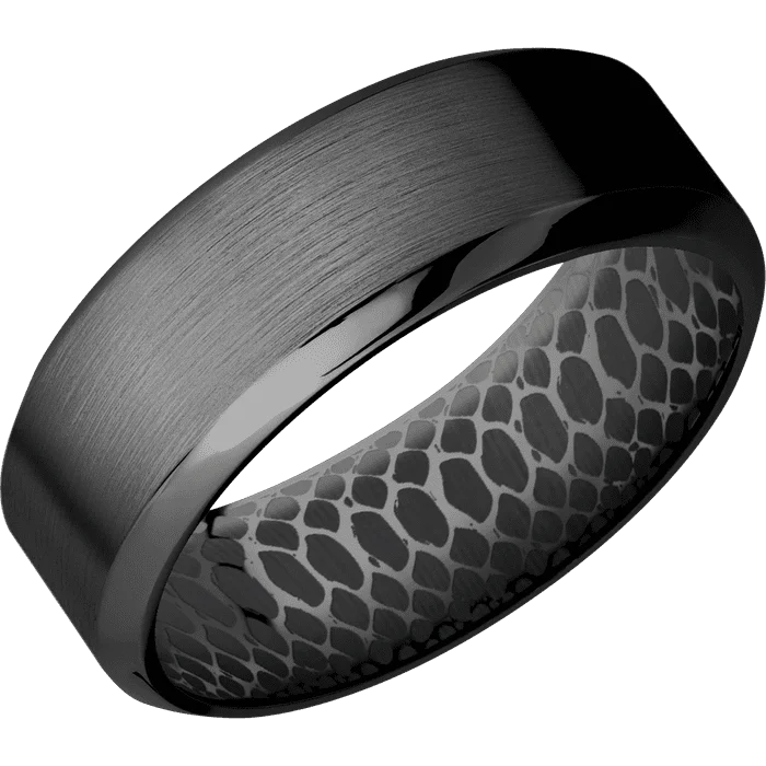 Ladies tribal rhythm rings -8mm wide High Bevel Black Titanium Ring with Satin Finish / None Interior Pattern