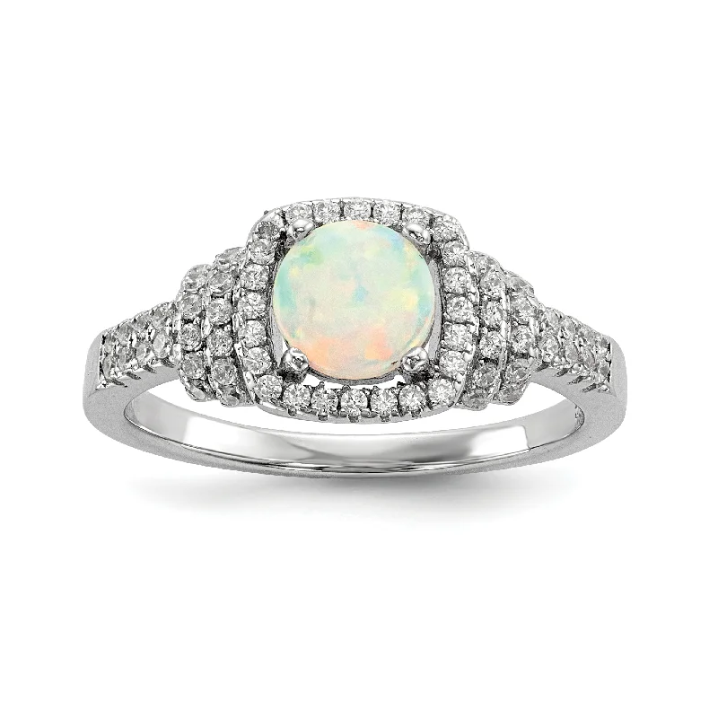 Ladies tender heart rings -Sterling Silver Round Created White Opal and CZ Halo Ring