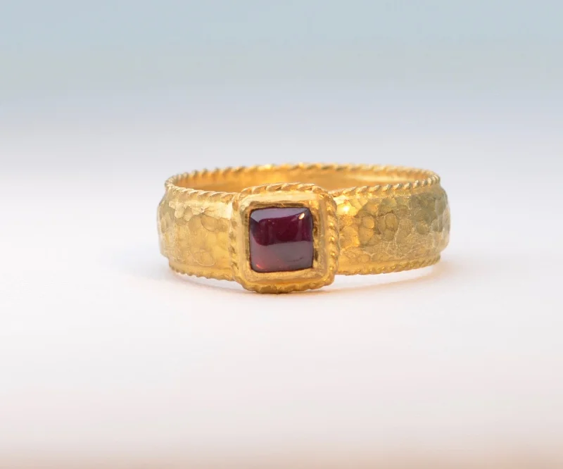 Ladies holiday cheer rings -Hand-made Garnet Ring in Pure Gold