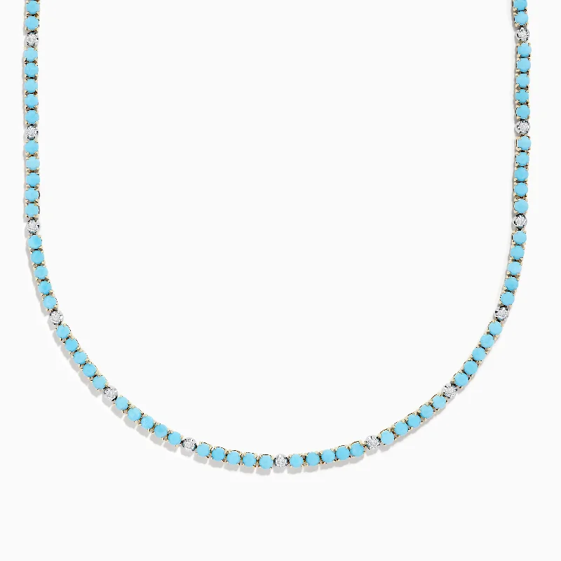 Ladies Necklaces with Ocean Larimar-14k Yellow Gold Turquoise and Diamond Tennis Necklace