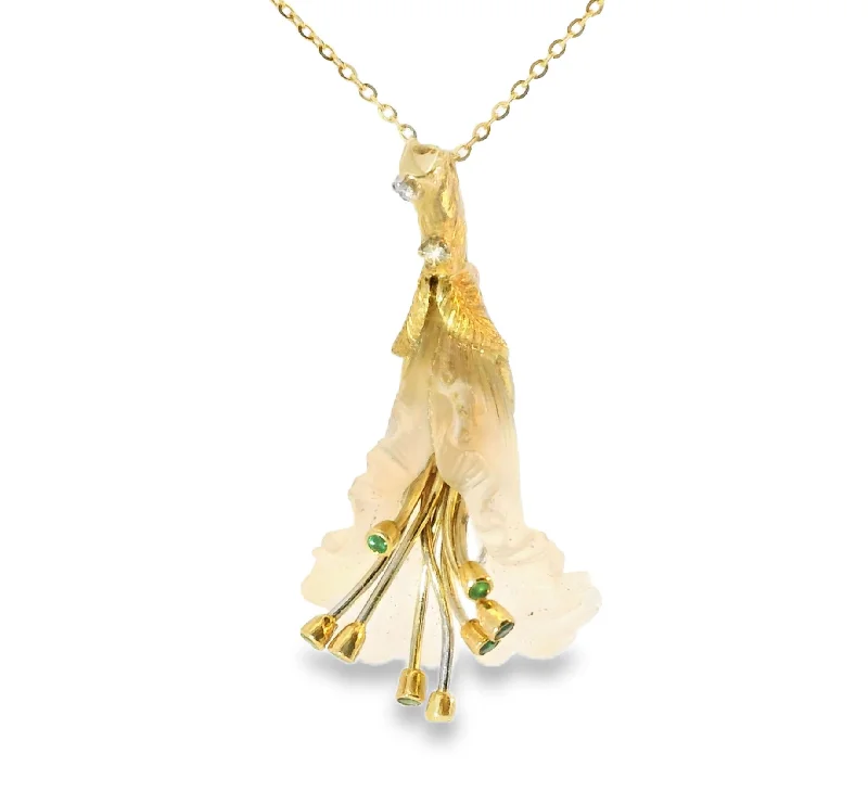 Ladies Necklaces for Party Glow-Gorgeous Estate 18K Yellow Gold Diamond Emerald Floral Pendant Necklace Slide