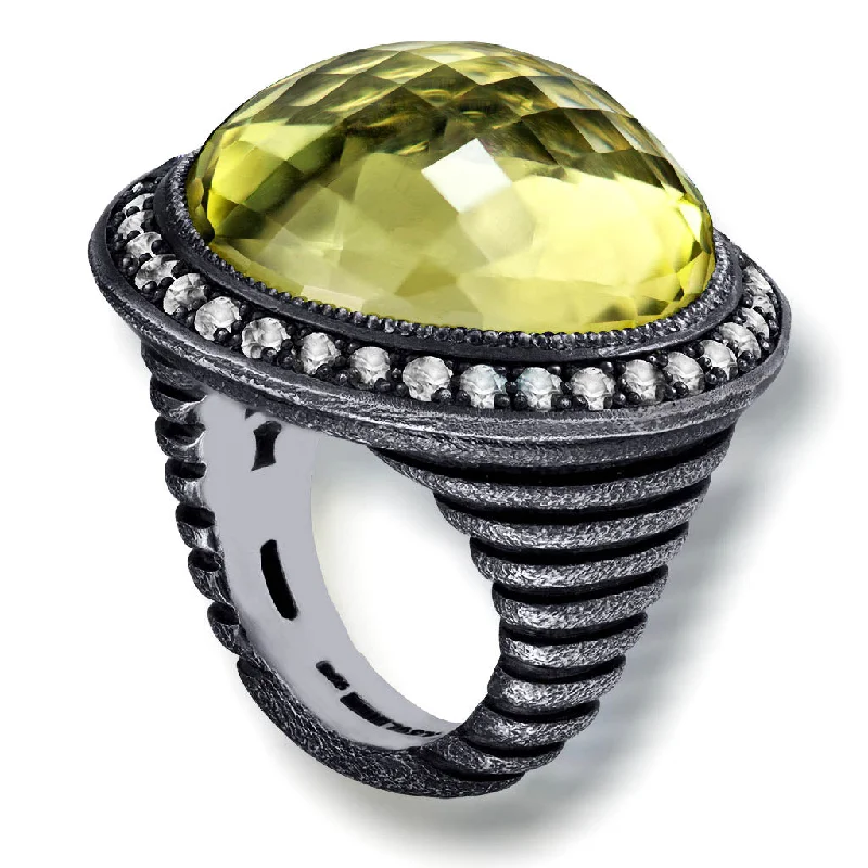 Ladies hexagonal flash rings -Silver Symbolica Ring with Lemon Quartz & Diamonds