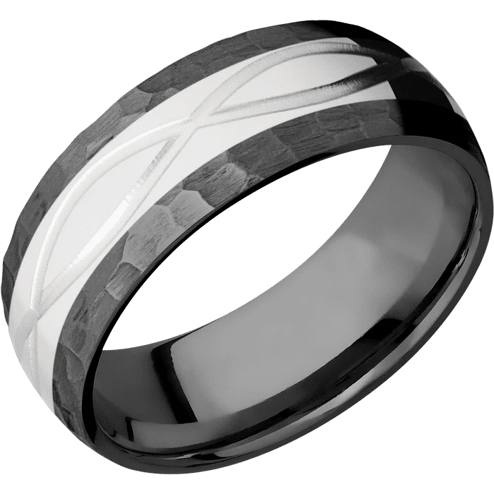 Ladies squared charm rings -8mm wide Domed Black Zirconium Ring with Hammer Finish / One 4mm Centered 14k White Gold Inlay / Infinity Inlay Design