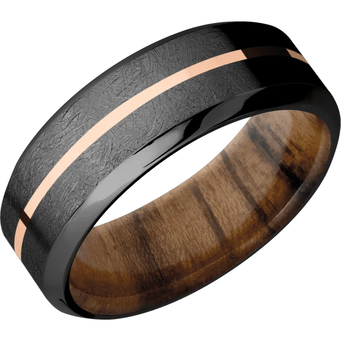 Ladies sisterly spark rings -8mm wide High Bevel Black Titanium Ring with Distressed Finish / One 1mm Centered 14k Rose Gold Inlay with Polish Finish / Teak Sleeve