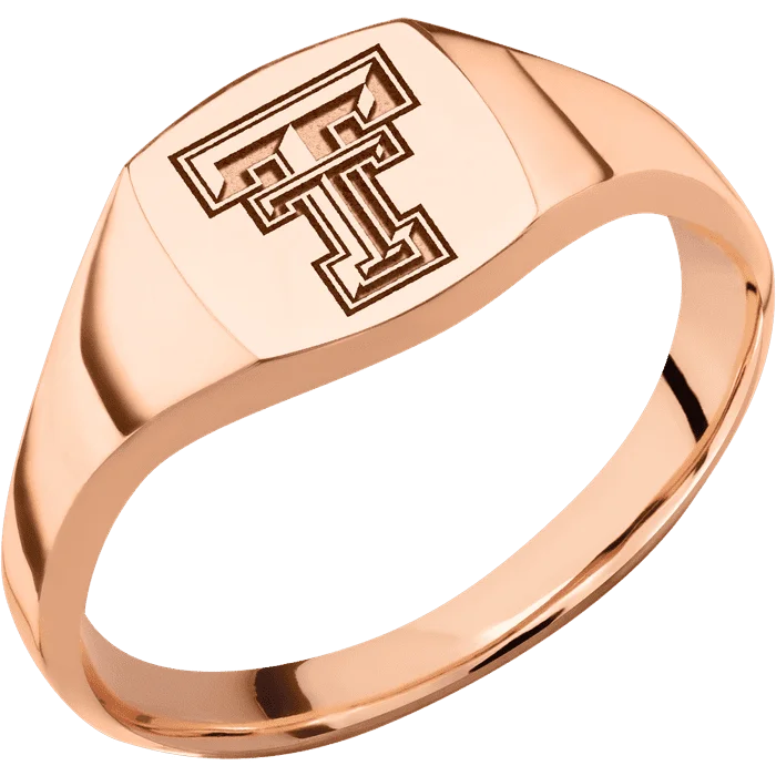 Ladies city beat rings -Cushion 18k Rose Gold Signet Ring / Polish Ring Finish and Polish Signet Finish / Texas Tech Double T Design / Size 5.75