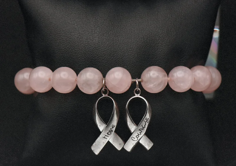 adjustable ladies bracelets with clasps -Vintage Rose Quartz Beaded Breast Cancer Awareness Sterling Silver Bracelet