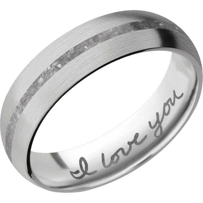 Ladies delicate strand rings -6mm wide Domed Inconel Ring with Satin Finish / One 1mm Centered Lepidolite Inlay / None Interior Pattern