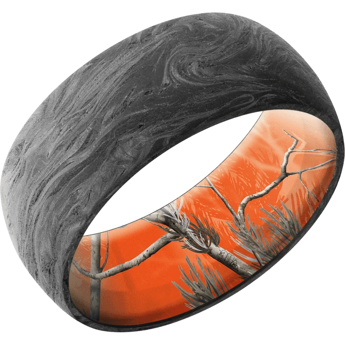 Ladies delicate strand rings -9mm wide Domed Forged Carbon Fiber Ring / RealTree APC Orange Camo Sleeve