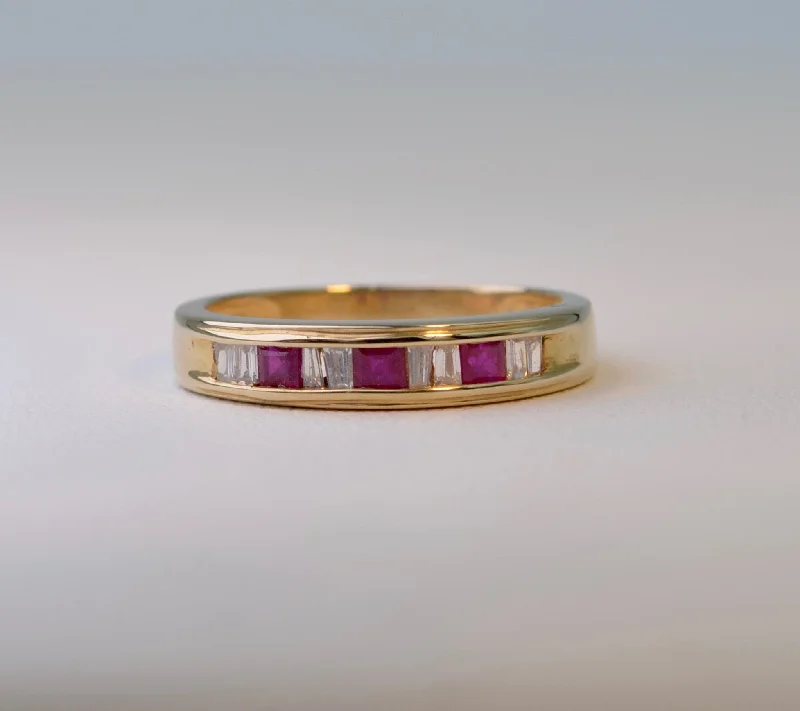 Ladies feathery light rings -14K yellow gold Band ring with 3 square Rubies and 8 Baguette Diamonds