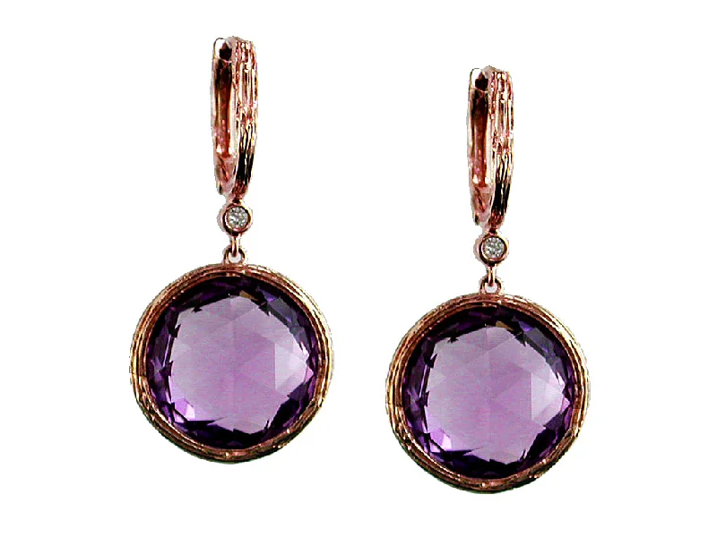 Ladies angular geometric earrings -Rose Gold Round Amethyst Dangle Earrings