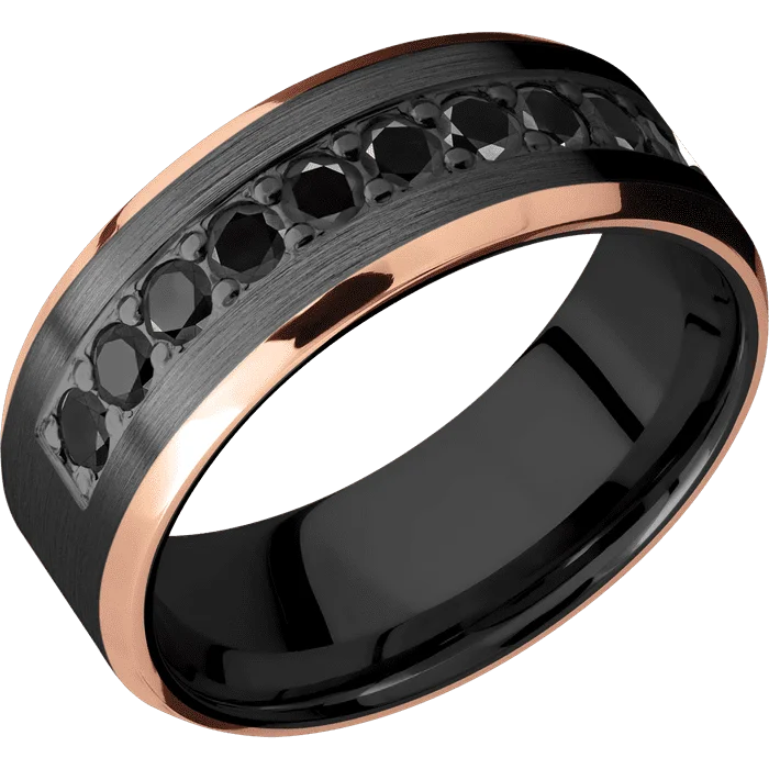 Ladies textured leather rings -8mm wide Beveled Black Zirconium Ring with Satin Finish / Two 1mm Edge 14k Rose Gold Inlay with Polish Finish / Half Eternity Round .07 carat Black Diamond Bead-Set Gemstones