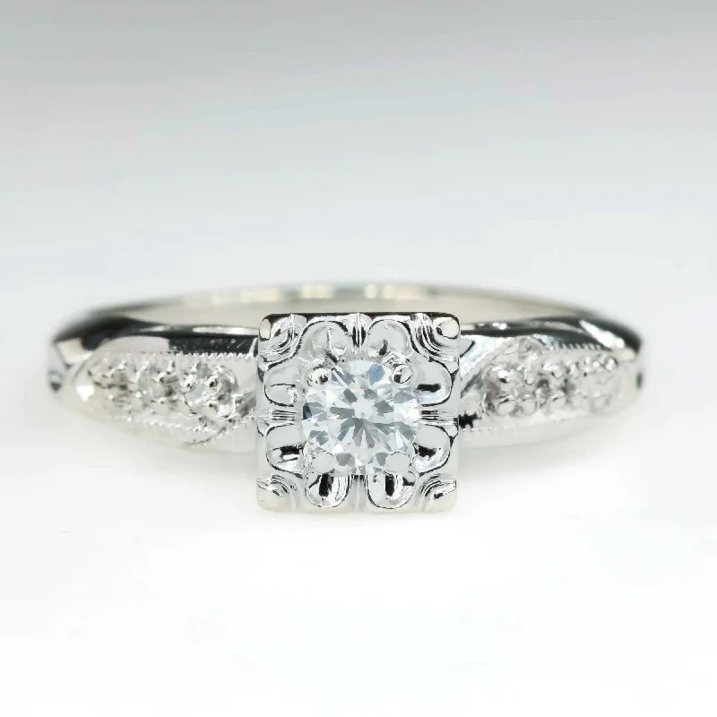 Ladies golden commitment wedding rings -0.25ct Round Diamond Vintage Illusion Square Engagement Ring in 14K White Gold