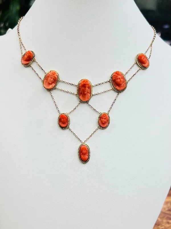 Ladies Necklaces with Mauve Sugilite-Victorian 8 Coral Cameo Festoon 14k Gold Necklace Circa 1890