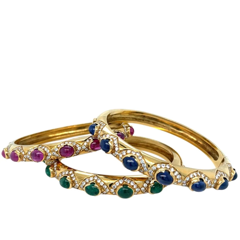 ladies bracelets opal inlays -Diamonds, Sapphire, Ruby, Emerald Gold Trio Of Bangle Bracelets