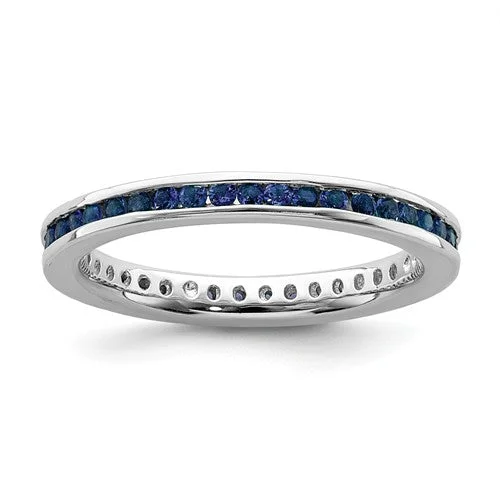 Ladies city beat rings -Sterling Silver Stackable Expressions Channel Set Created Blue Sapphire Eternity Ring