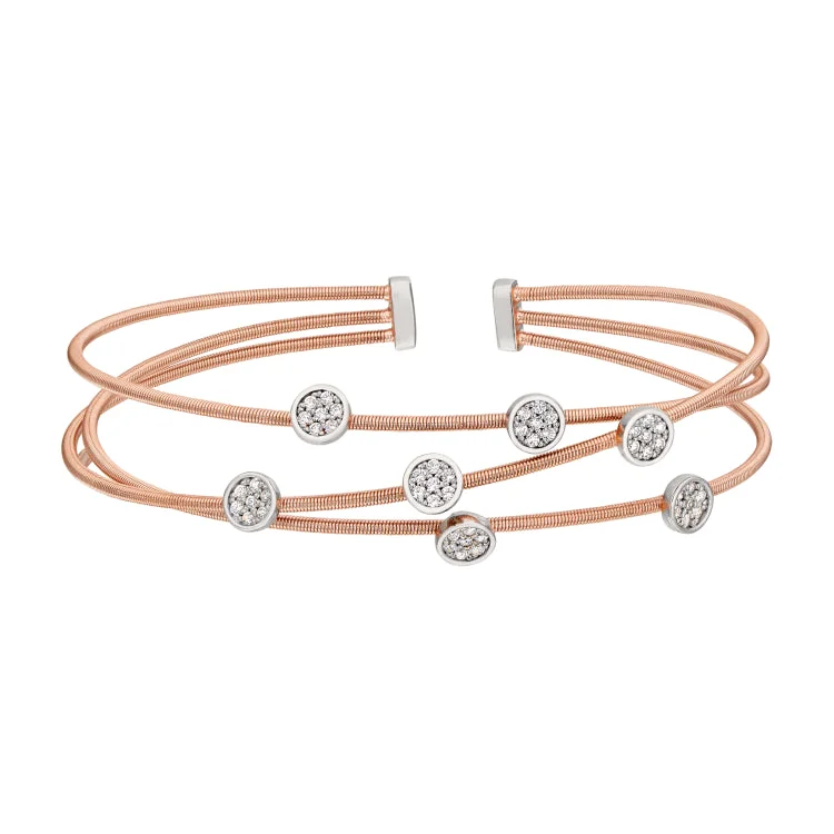 minimalist silver bracelets for women -Rose Gold Finish Sterling Silver Three Cable Cuff Bracelet with Rhodium Finish Simulated Diamond Small Circles