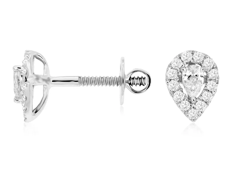 Ladies bird flight earrings -14K White Gold Pear Shape Diamond with a Round Diamond Halo Stud Earrings