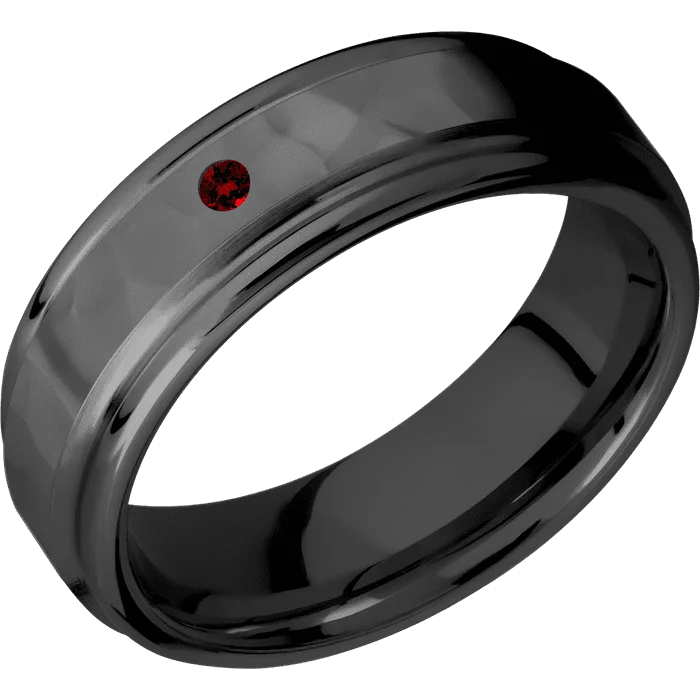 Ladies 10K gold gleam rings -7mm wide Flat Rounded Edges Black Titanium Ring with Rock Polish Finish / 1 Round .05 carat Dark Ruby Flush-Set Gemstones