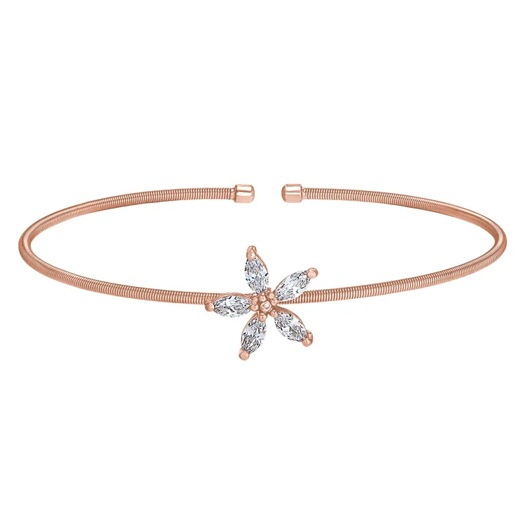 silver heart bracelets for women -Rose Gold Finish Sterling Silver Cable Cuff Flower Bracelet with Simulated Diamonds