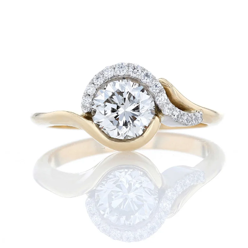 Ladies trendy vibe wedding rings -Swish Bypass Diamond Halo Engagement Ring