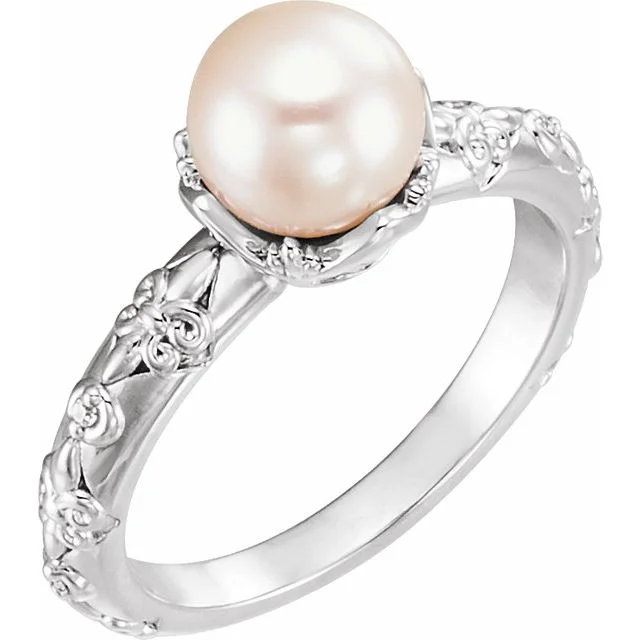 Ladies pure minimal rings -14k Gold Freshwater Cultured Pearl & .02 CTW Diamond Vintage Inspired Ring