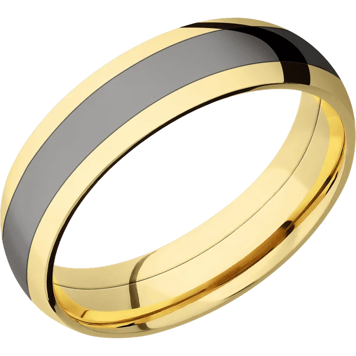 Ladies engraved sentiment rings -6mm wide Domed 10k Yellow Gold Ring with Polish Finish / One 3mm Centered Darkened Tantalum Inlay with Polish Finish